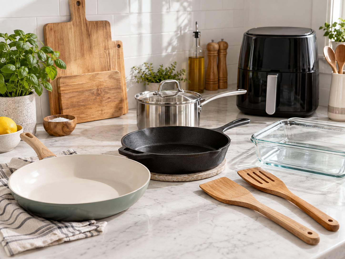 PFAS-vrije keuken met pannen, airfryer en houten keukengerei