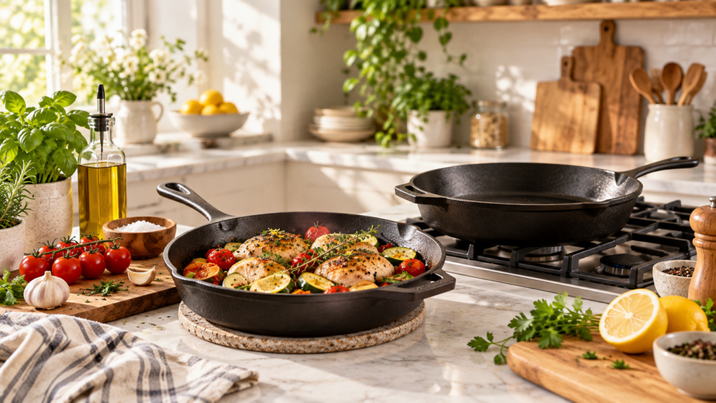 Gietijzeren PFAS-vrije pan in een moderne keuken